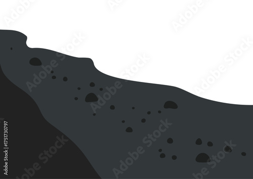 Abstract dark grey ground coastline with small rock and stone elements. Textured surface for background and pattern design.