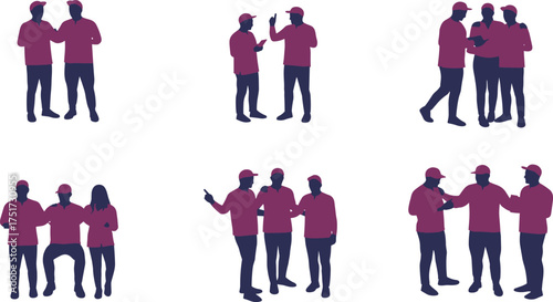 Group of three people interacting in casual teamwork, communication, collaboration, friendship, social connection, technology use, discussion, and lifestyle illustration vector