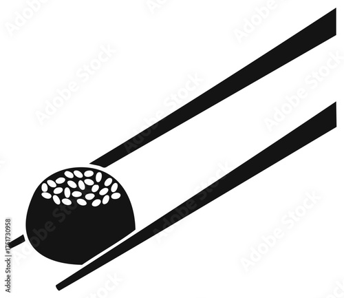 Chopsticks Holding Sushi Roll Icon Black and White Oriental Cuisine
