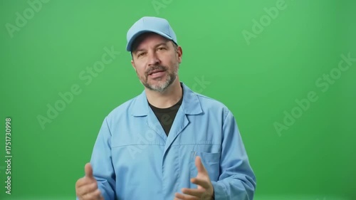 Man in blue uniform and cap gestures while speaking against a green screen.