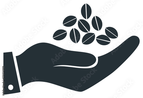 Simple flat design icon of a hand holding a handful of fresh coffee beans