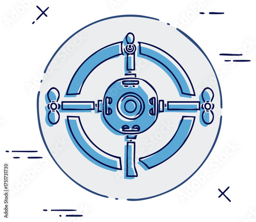 Circular Submersible Drone Outline with Propellers and Controls on White Circle
