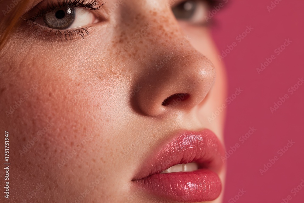 Naklejka premium New beauty portrait of a young woman with a pink backdrop