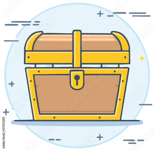 A closed wooden treasure chest with golden fittings and lock flat vector icon