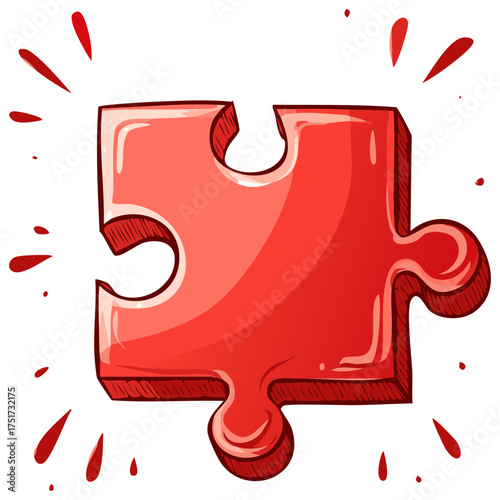 One isolated red puzzle piece with outline is surrounded by various light beams in a cartoon or doodle style.