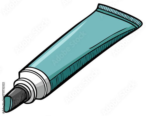 Turquoise squeeze tube with a gray cap and a hint of green product