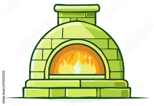 Cartoon illustration of a brick pizza oven with a roaring fire