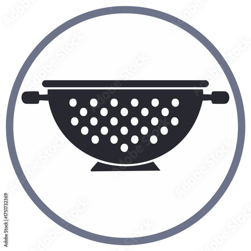 Black and white illustration of a colander in a circular frame