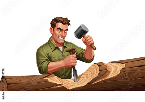 Illustration of a muscular man in a green shirt carving a large wooden log with a chisel and mallet.