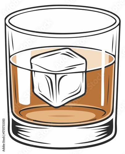 Vector illustration of a classic glass of whiskey on the rocks with a single large ice cube