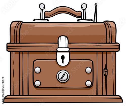 Cartoon Vintage Radio with Wooden Casing Locked Safe Storage Illustration