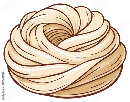Vibrant cartoon illustration of a single nest of uncooked fettuccine or tagliatelle pasta, an Italian food ingredient