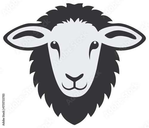 Sheep Face Graphic, Simple Black and White Illustration of Farm Animal. Cute Sheep Head.