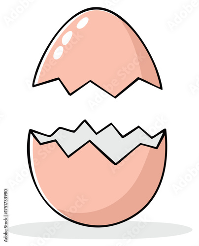 Cartoon illustration of a cracked open eggshell, isolated on white background