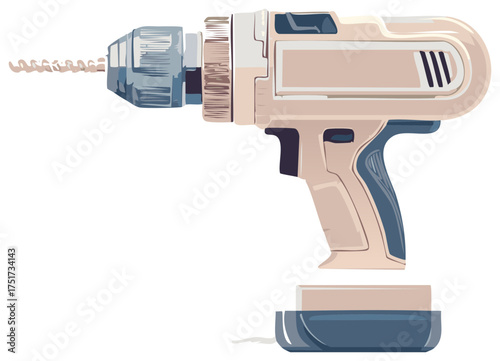 Cordless drill with charger, illustration of electric drilling tool for construction work, building and home repair