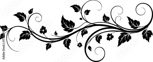 Elegant black floral flourish with swirling vines and delicate blossoms adds timeless beauty to any design project