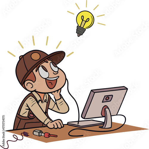 Cartoon Electrician Having Bright Idea While Working on Computer