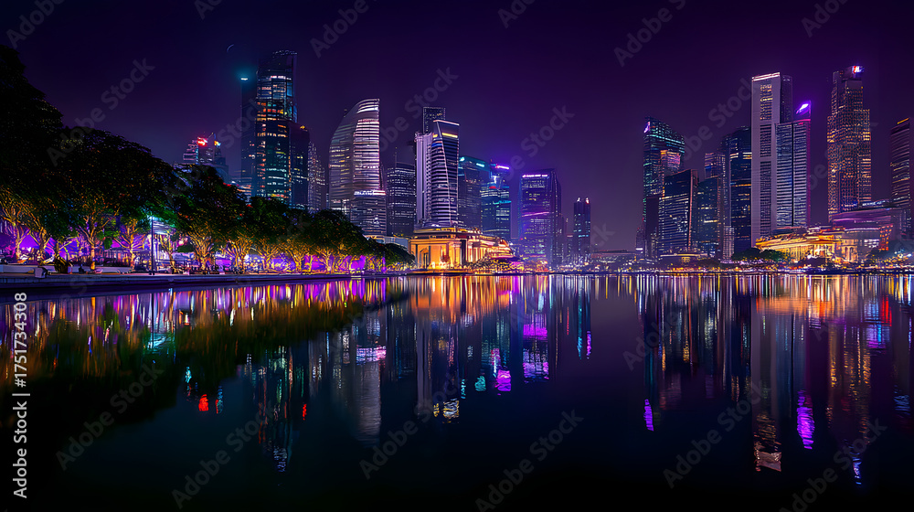 Obraz premium Vibrant Night Scene of Singapore's Skyline with Cinematic Reflections and Festival Lights