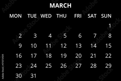 2026 Calendar template. Calendar 2026 - 12 months yearly calendar - planner calendar. Monthly calendar. Vector illustration for print, web, mobile app on black background