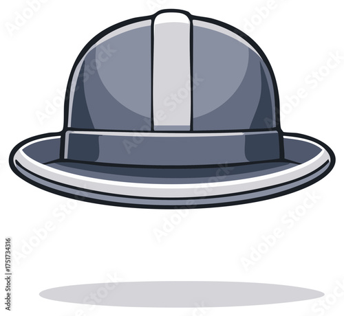 Cartoon styled blue bowler hat with a silver band and stripe. Vector illustration for vintage fashion and costume design.