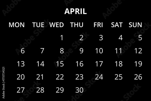 2026 Calendar template. Calendar 2026 - 12 months yearly calendar - planner calendar. Monthly calendar. Vector illustration for print, web, mobile app on black background