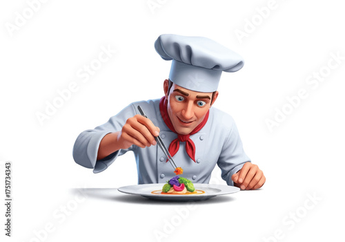 A 3D animated chef in a white uniform meticulously garnishing a gourmet dish with tweezers.