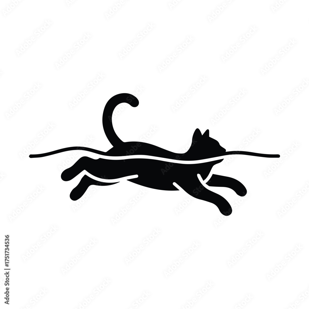 Obraz premium Black cat swimming gracefully through water silhouette