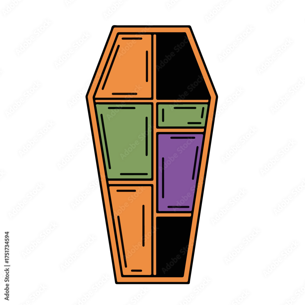 Obraz premium Halloween coffin illustration with colorful panels against clean white backdrop. Halloween coffin design shows orange, black, green, and purple colored sections.