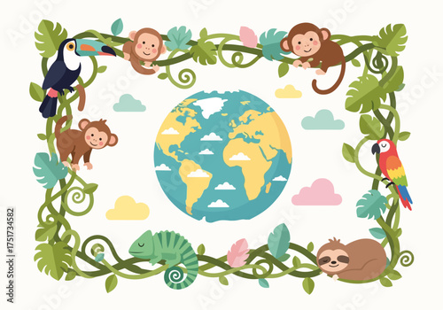 Earth day celebration with colorful toucan, monkeys, parrot, chameleon and sloth. Earth day concept including exotic animals surrounding globe with green foliage.
