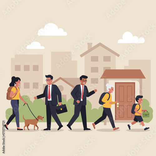 Diverse group of people and a dog walking along a sidewalk in a residential neighborhood, depicting daily life and community.