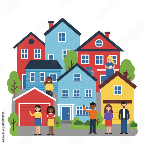 Diverse group of people standing in front of a colorful neighborhood with various houses and trees.