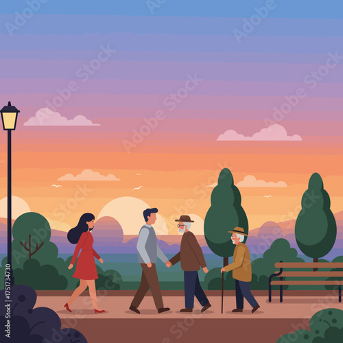 Two men shake hands in a park at sunset, while a woman walks past and an older gentleman with a cane approaches.