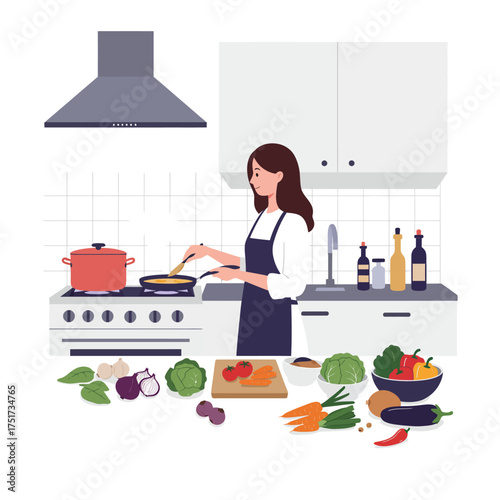 Young woman preparing a delicious and nutritious dish with various fresh ingredients in her clean kitchen.