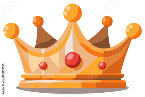 Ornate golden royal crown with red jewels and round finials