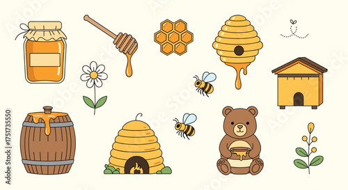 Pixel art collection of honey themed elements for a sweet design.
