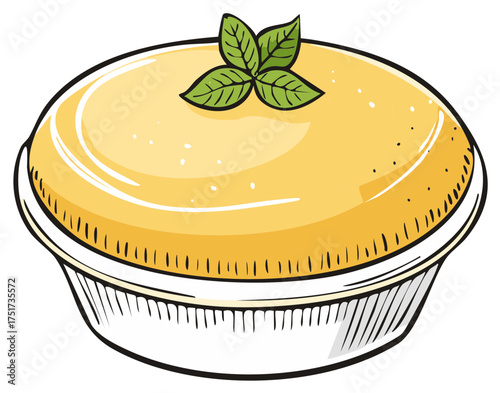 Warm baked soufflé in a ramekin with a fresh basil garnish vector illustration