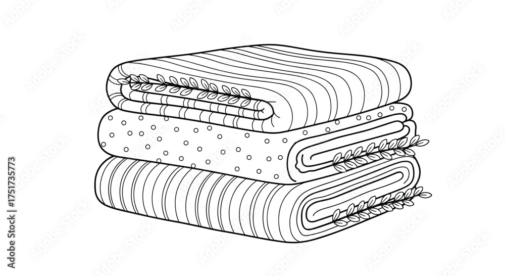 Obraz premium A stack of three folded blankets in white and patterned designs.