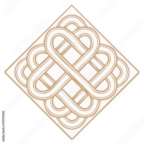 Abstract knotted square motif in tan - interlocking curved lines forming a decorative design.