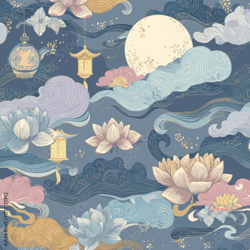 Korean Moonlight Pattern Vector Set – Traditional Night Sky with Lotus and Lantern Motifs