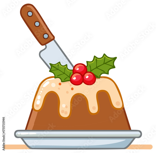 Illustrated Christmas pudding with festive holly garnish and knife ready for slicing