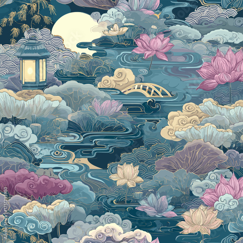 Korean Moonlight Pattern Vector Set – Traditional Night Sky with Lotus and Lantern Motifs
