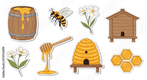An assortment of beekeeping and honey related elements.