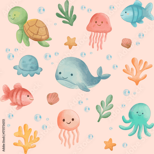 Seamless Pattern Ocean Underwater Cute Theme