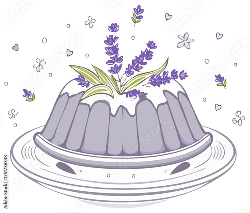 Whimsical Lavender Pudding Illustration Elegant dessert adorned with sprigs of purple flowers, delightful food and floral design on plate for menu
