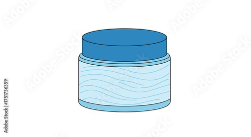 A transparent jar with blue lid and blue wavy lines inside.