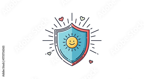 A shield with a smiling sun inside surrounded by hearts and light rays.