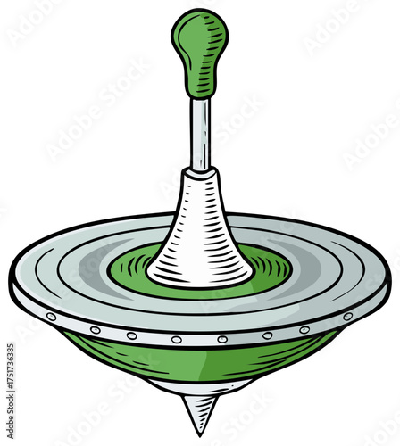 Vintage Whirligig Toy: Nostalgic Illustration of a Spinning Top with Green Handle