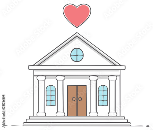 Cute Line Art Style Bank or Government Building with a Heart Shape Above