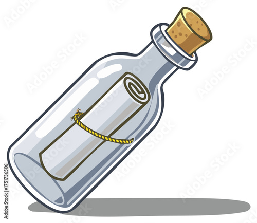 Artistic portrayal of a clear glass bottle with a message scroll tied by rope inside, secured with a cork stopper for a vintage feel