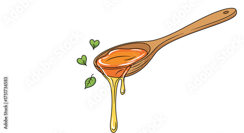 Golden honey dripping from a wooden spoon with small green leaves.